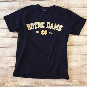 Champion Notre Dame, size M, short-sleeved tee, navy with gold lettering, EUC